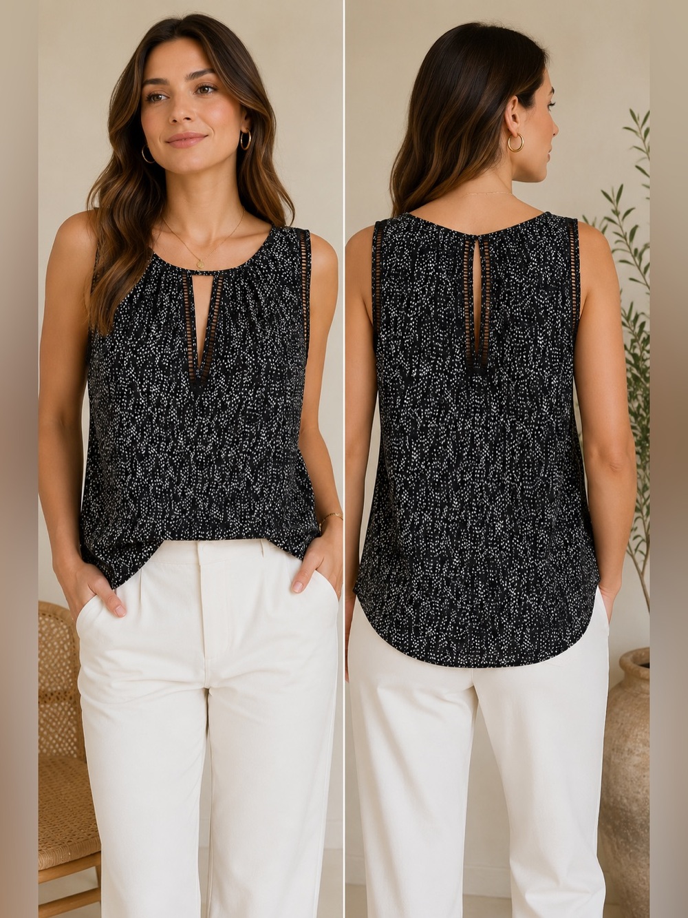 Greylin Black White Dot Sleeveless Keyhole Blouse Size M
